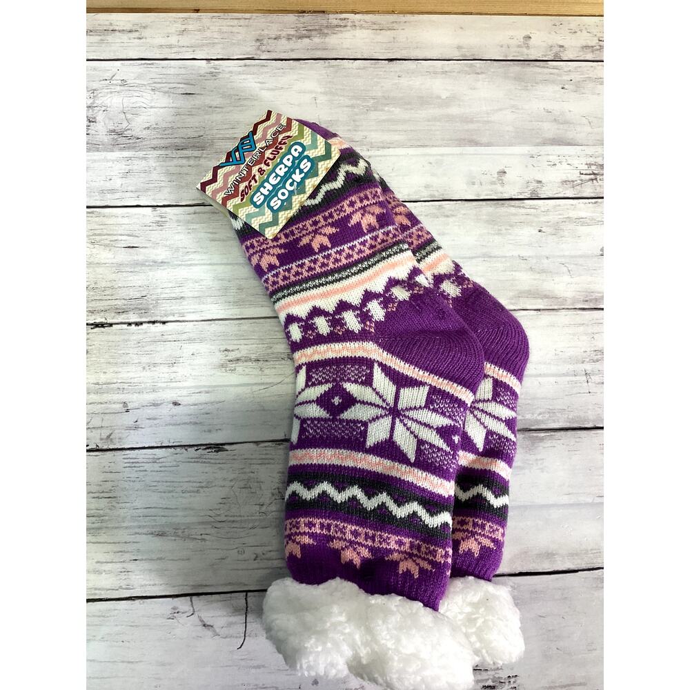 Winterlace Super Soft & Fluffy Sherpa Lined Socks - Purple Snowflake Pattern